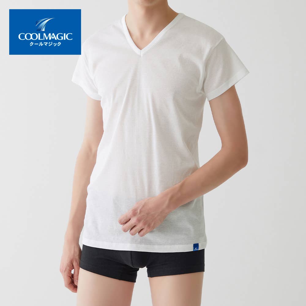 【100%天然冷感】汗取りVネックシャツ(V首)(袖丈短め)